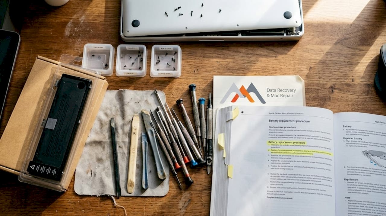 MacBook repair tools and parts laid out