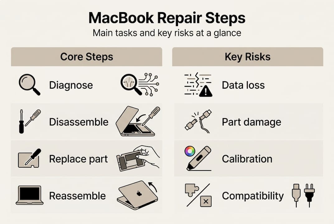Infographic shows MacBook repair steps and risks