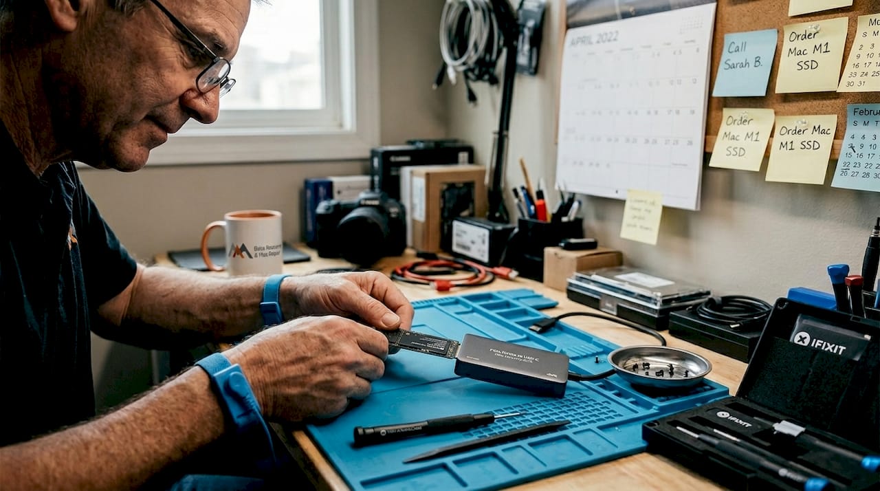 Specialist connecting Mac SSD for data recovery