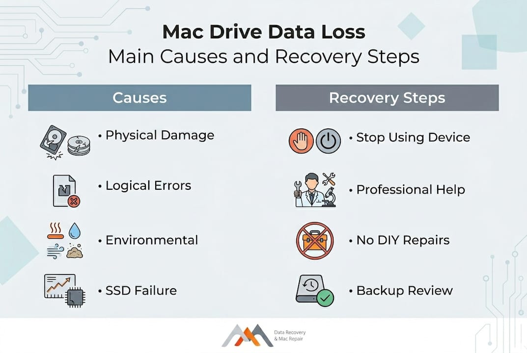Infographic with causes and recovery for Mac drives