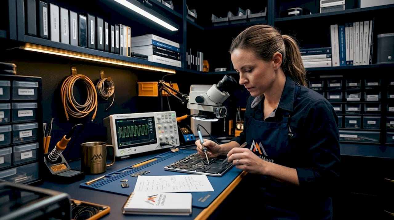 Specialist performing MacBook data recovery in workshop