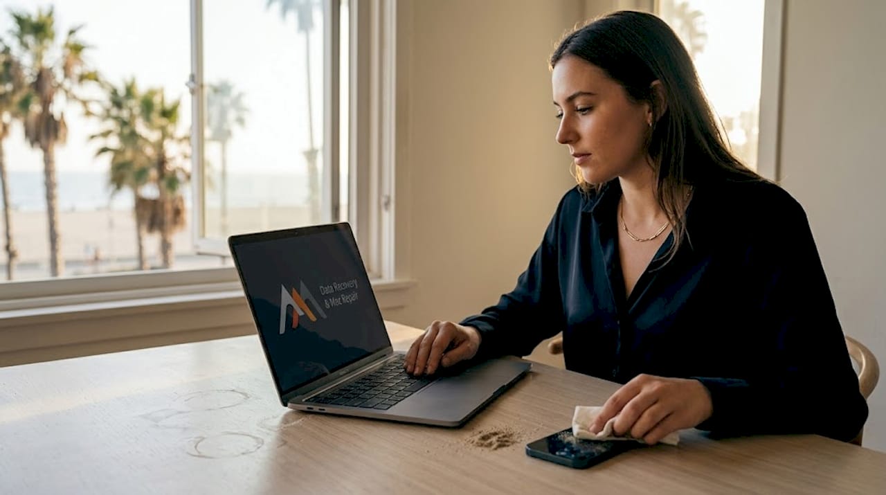 MacBook user facing beachside environmental risks
