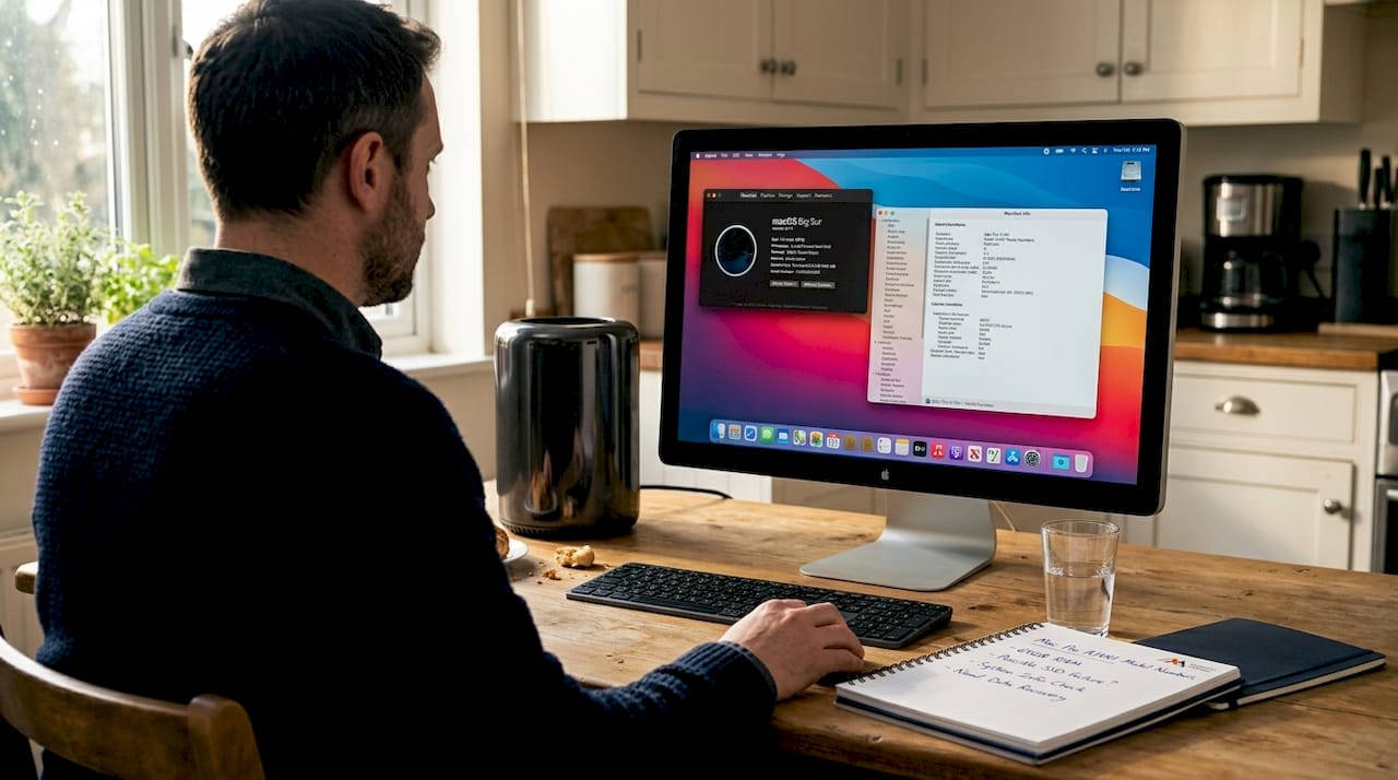 User viewing Mac Pro model information on screen