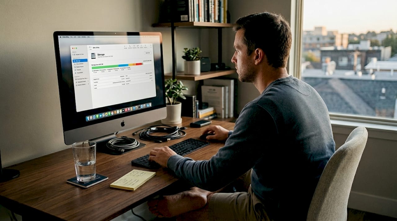 Man reviewing Mac storage on desktop screen