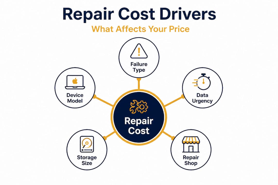 Infographic showing hard drive repair cost factors