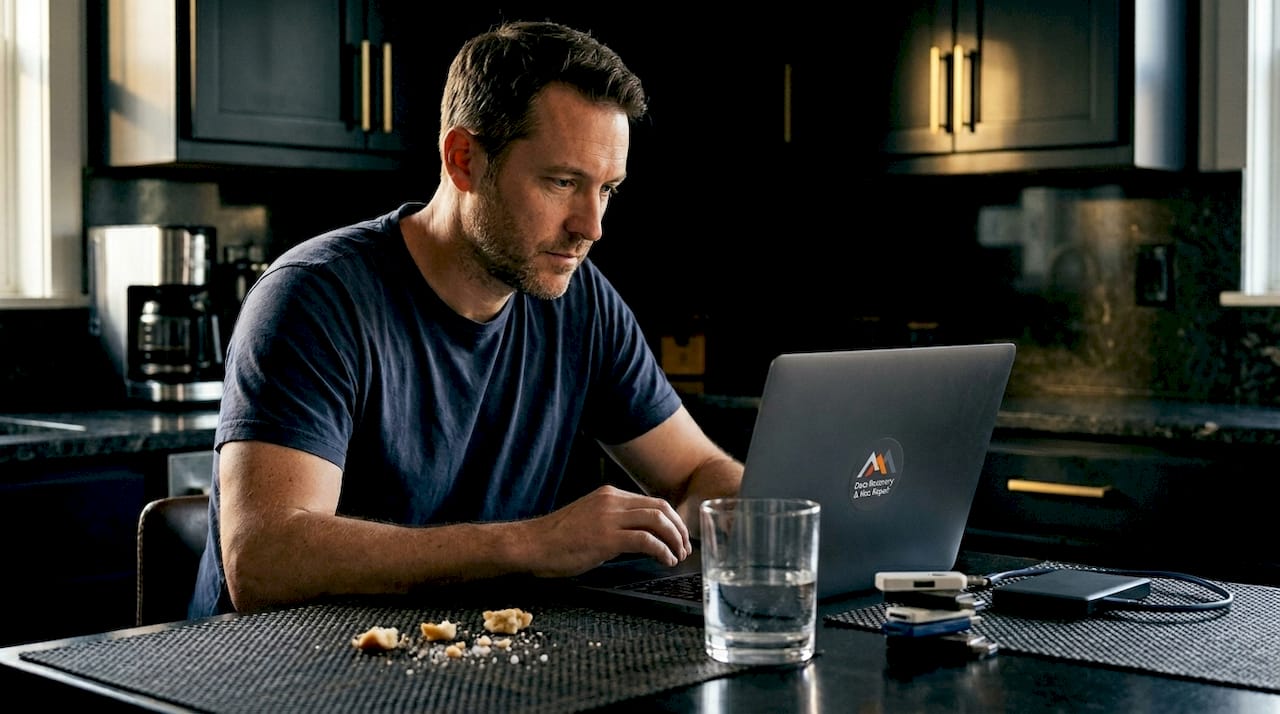 Man checks MacBook storage at kitchen table