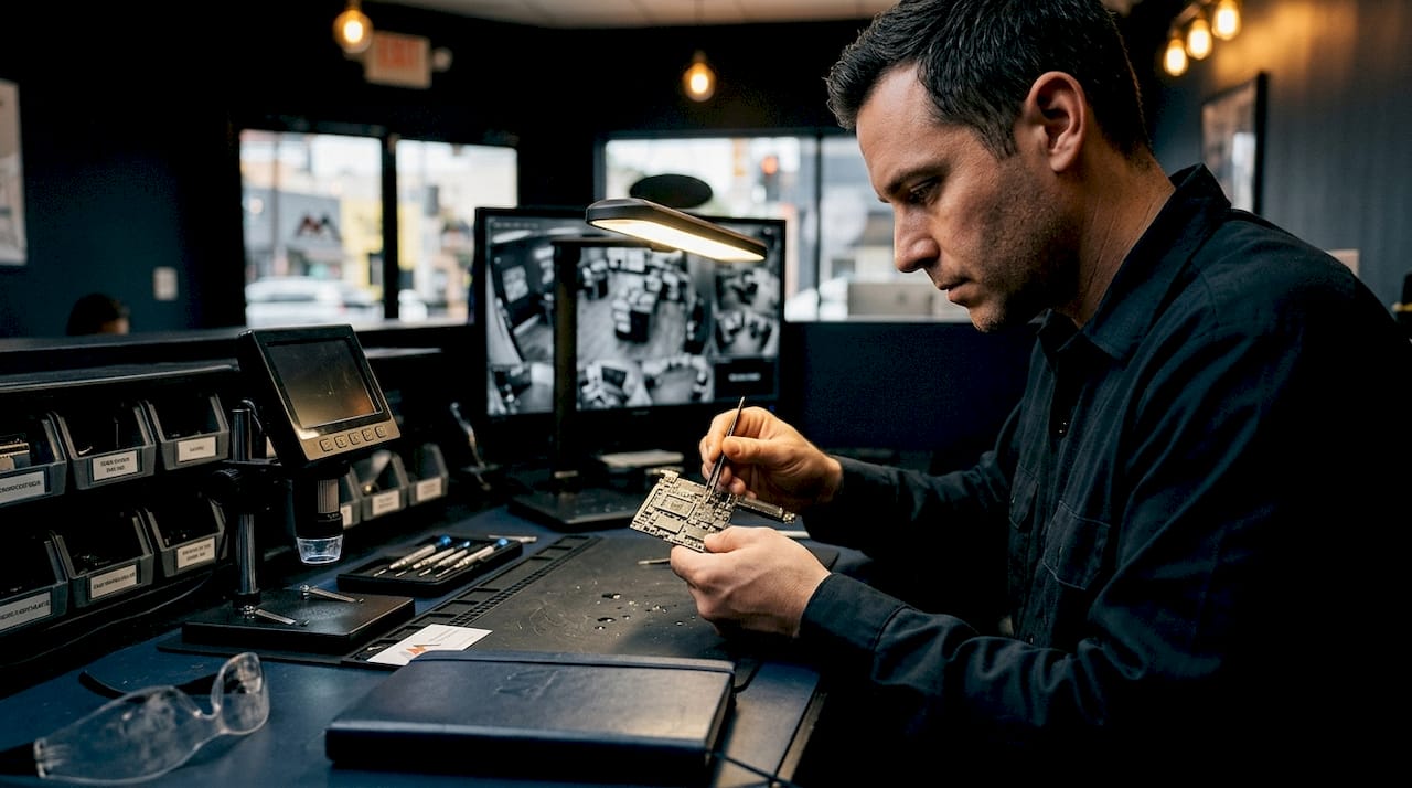 Technician repairing Apple logic board in shop