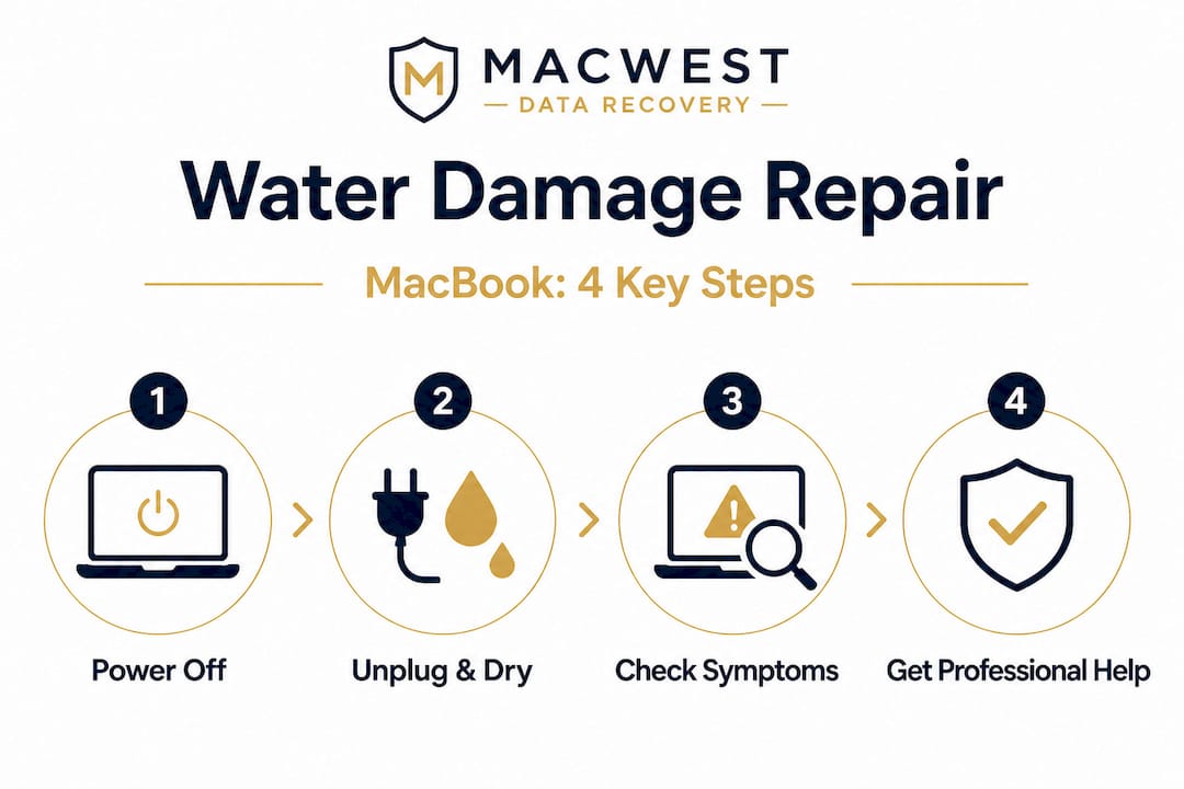Spot MacBook water damage: practical signs & repair 4 Infographic showing MacBook water damage repair steps