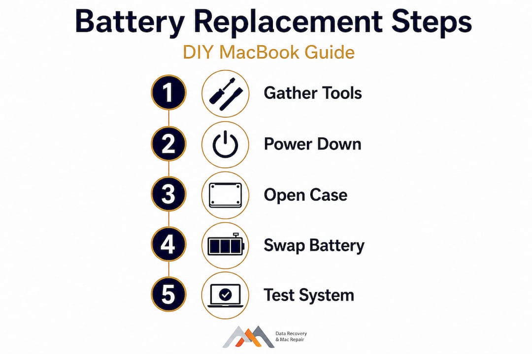 How to replace a MacBook battery: steps and pro solutions 3 Infographic showing MacBook battery replacement steps