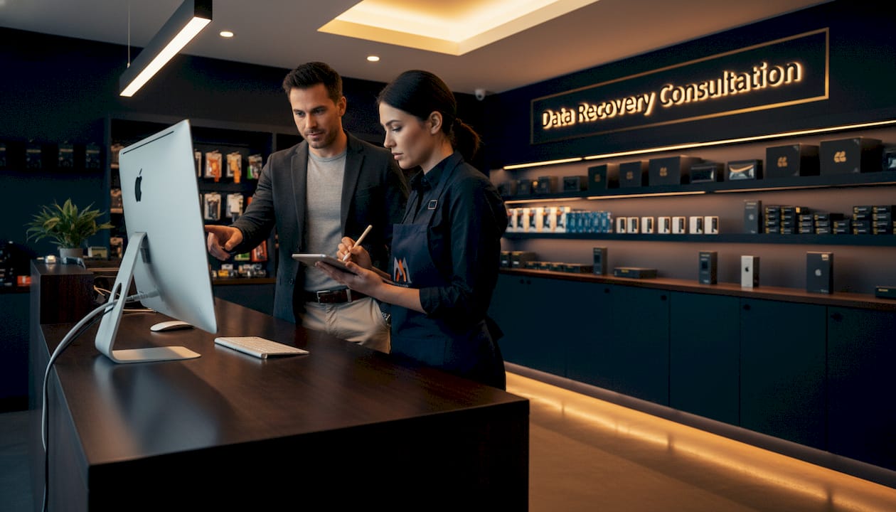 Why Macwest Is the Right Apple Data Recovery Choice in LA 4 Staff and customer discuss iMac at service counter