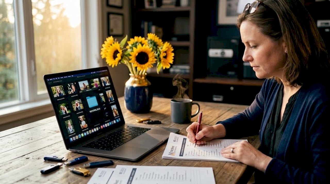 Mac SSD recovery workflow: Step-by-step guide for LA users 4 Woman verifying recovered MacBook files at kitchen table