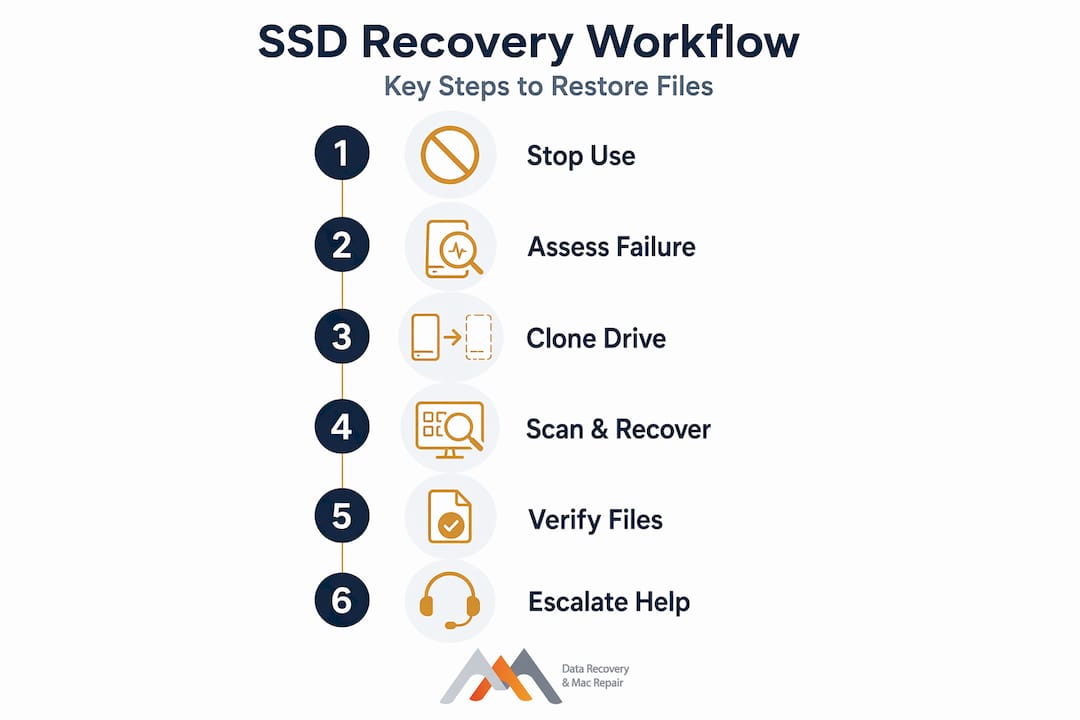 Mac SSD recovery workflow: Step-by-step guide for LA users 3 Infographic showing Mac SSD recovery workflow steps