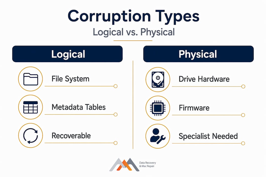 Infographic comparing logical and physical Mac drive corruption