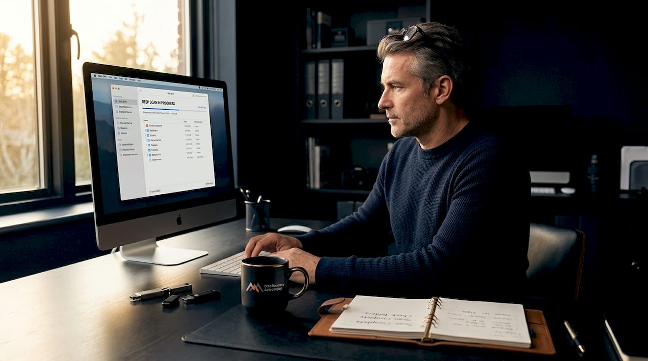 Man reviewing deep scan results on Mac desktop