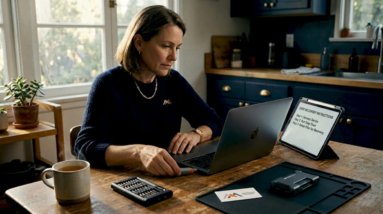 Woman using MacBook with USB drive at home table