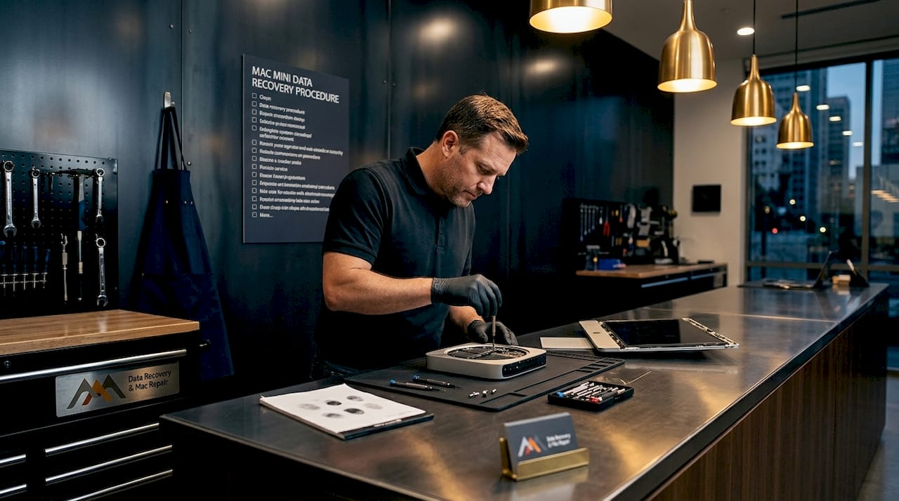 Technician reviewing Mac repair checklist at shop bench