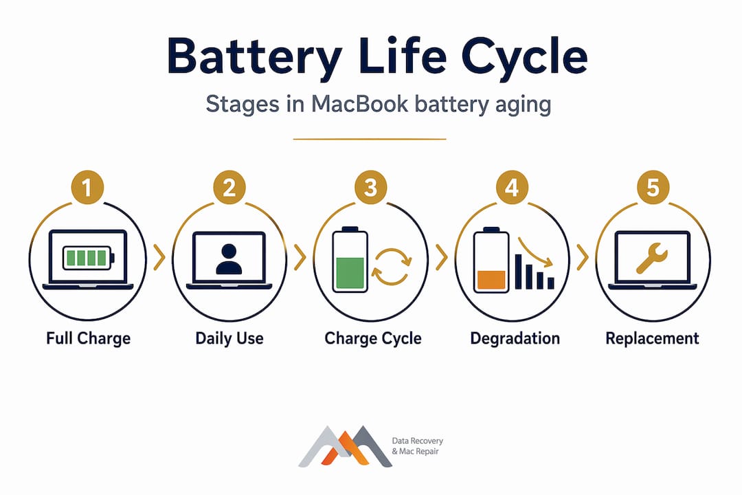 MacBook Battery Problems Explained: What's Really Wrong 3 Infographic depicting MacBook battery lifespan stages