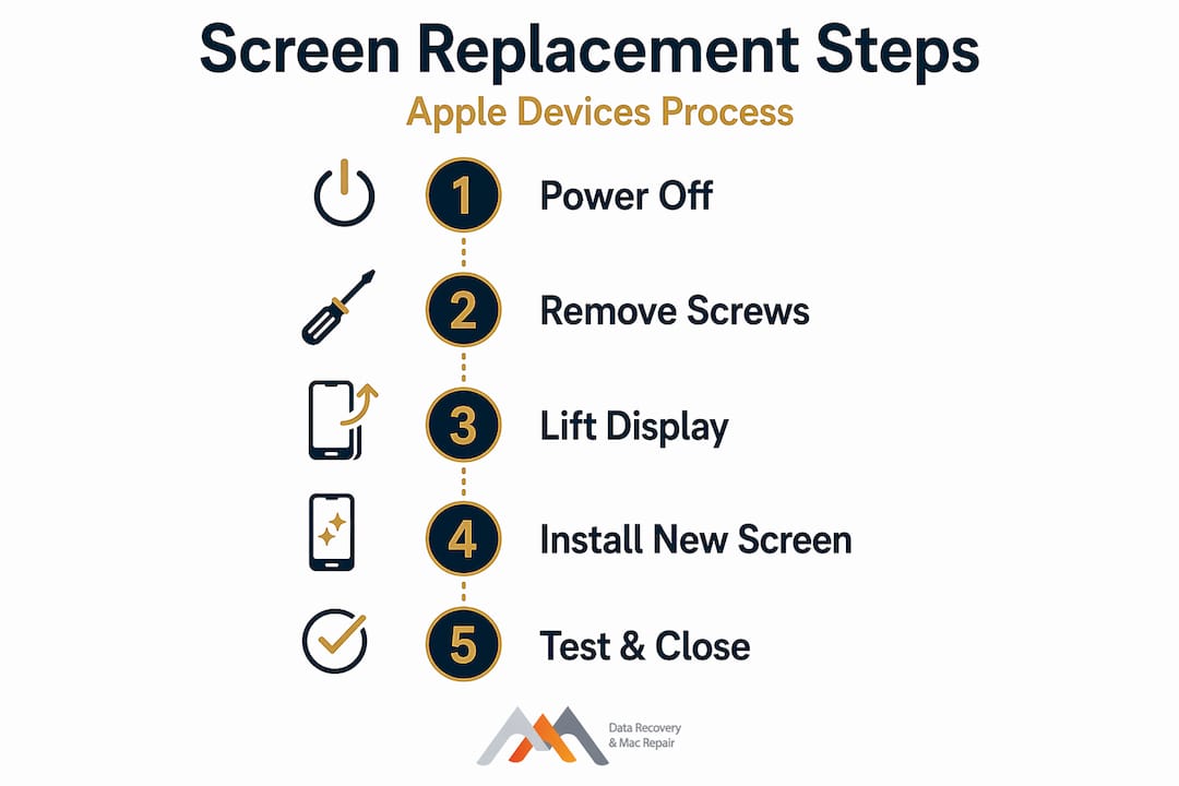 What Is Screen Replacement for Apple Devices? 4 Infographic outlining Apple screen replacement steps
