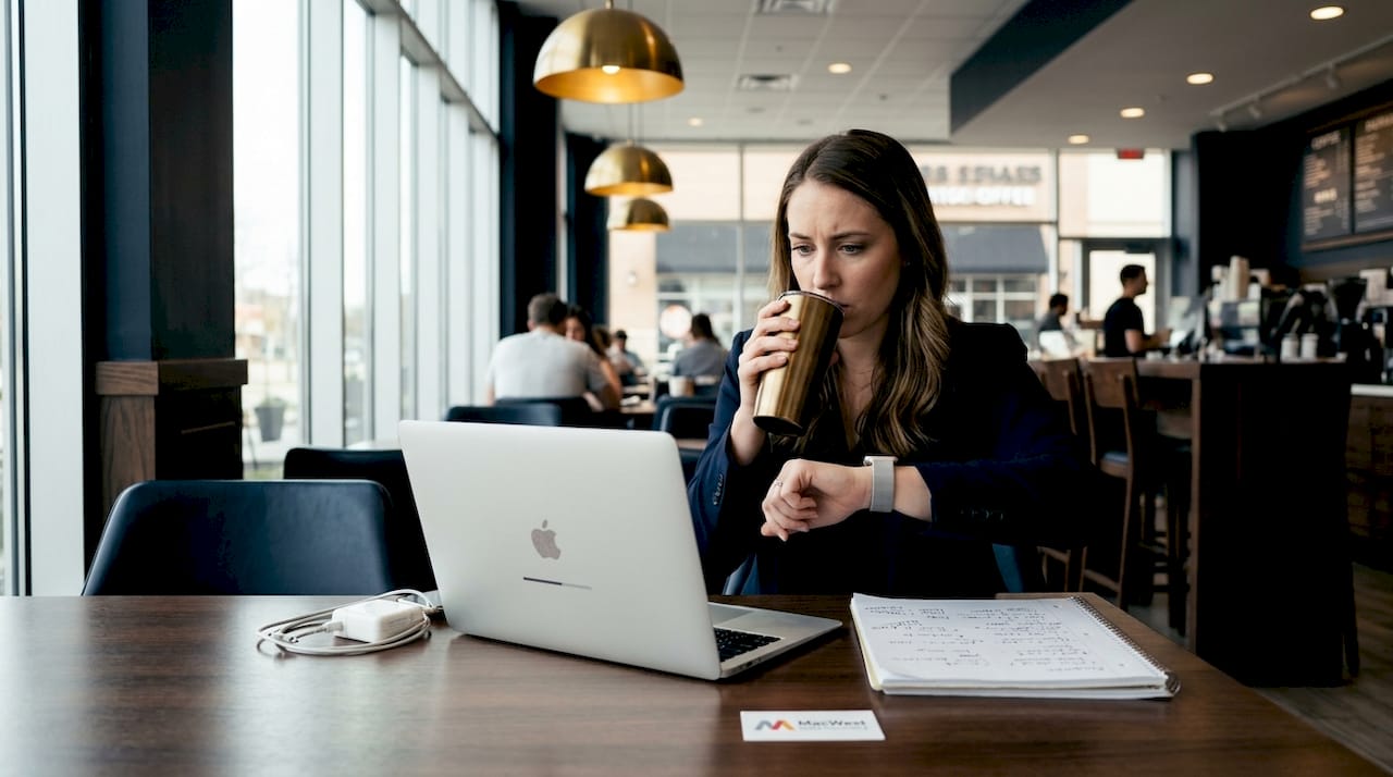 The Role of SSD in Mac: Performance, Life, and Data 3 Woman waiting on MacBook Air boot at workspace