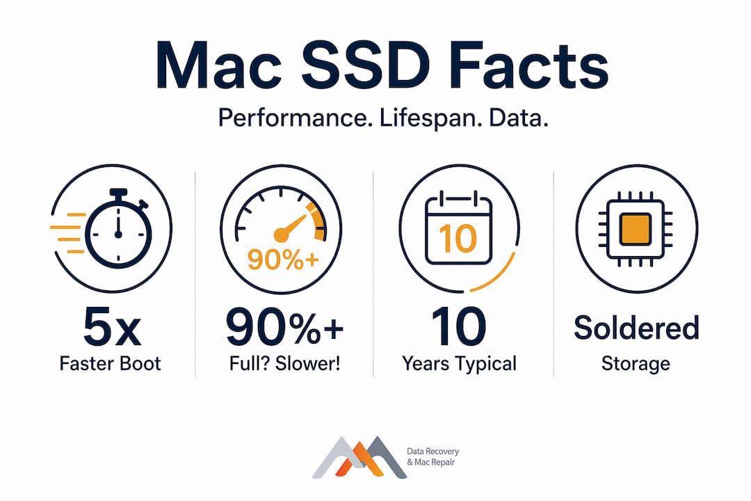 The Role of SSD in Mac: Performance, Life, and Data 4 Infographic showing four key Mac SSD facts