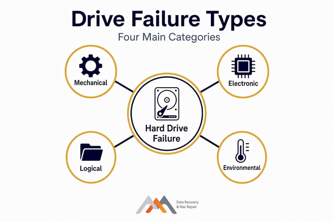 Why Hard Drives Fail: Causes, Symptoms, and Fixes 3 Infographic of four main hard drive failure types