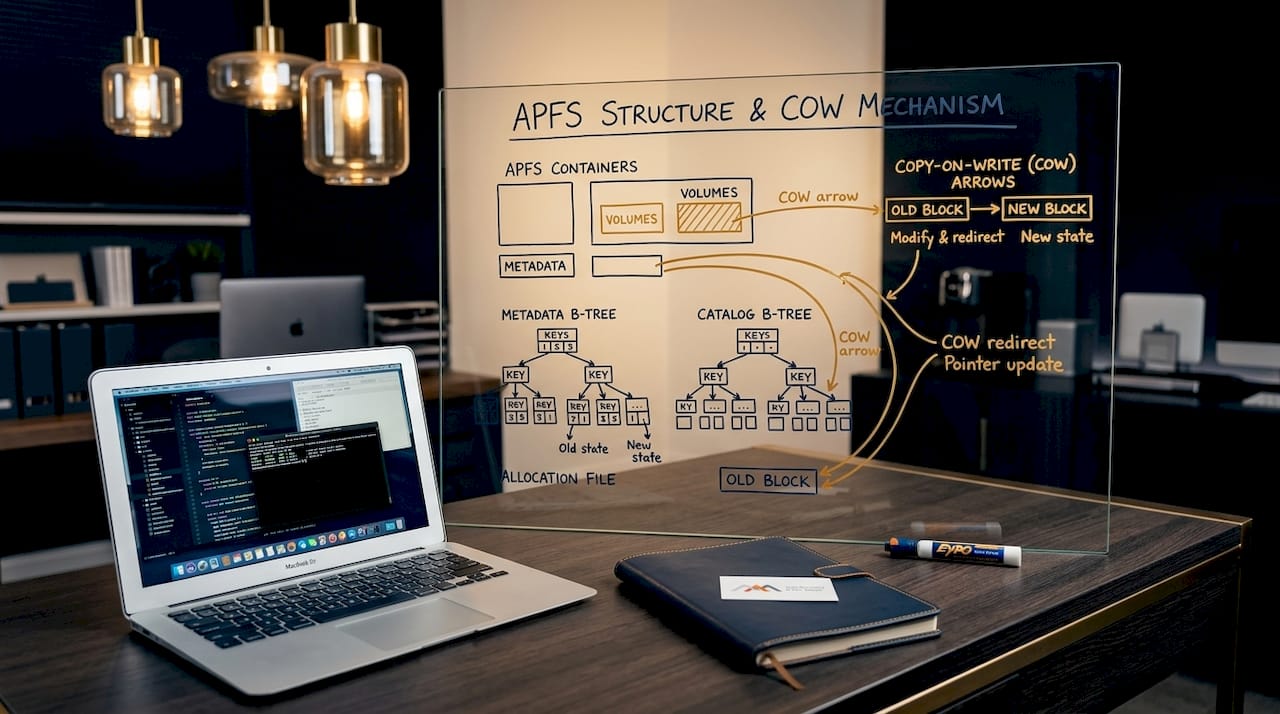 What Is Logical Data Recovery for Mac Users 3 Whiteboard APFS structure diagram in Mac office