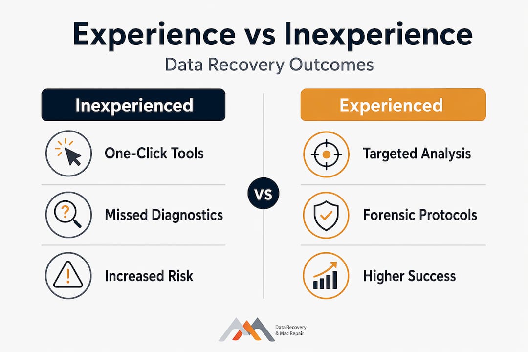 The Role of Experience in Data Recovery Success 3 Infographic comparing experienced vs inexperienced approaches