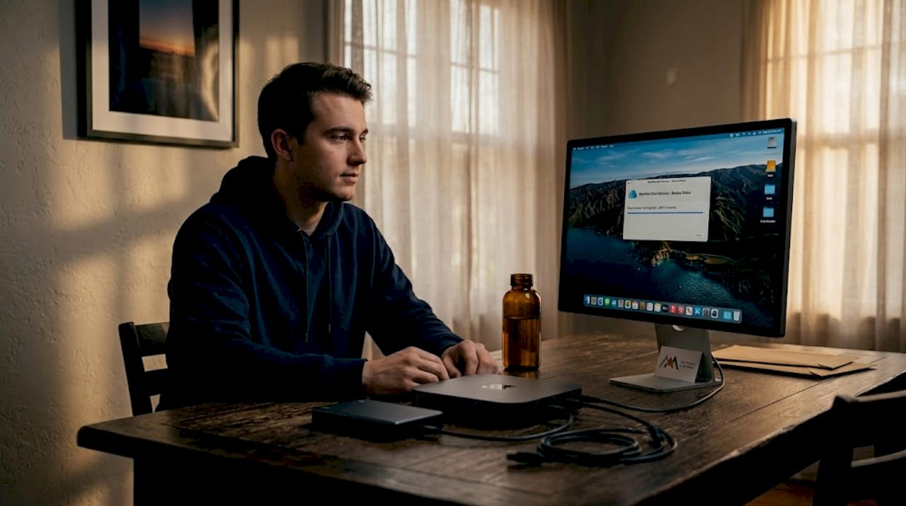 Why Macs Need Backup: Protect Your Data Now 4 Person setting up Mac mini backup in living room