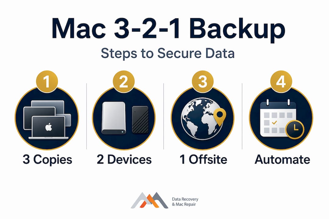 Why Macs Need Backup: Protect Your Data Now 3 Infographic outlines Mac 3-2-1 backup steps