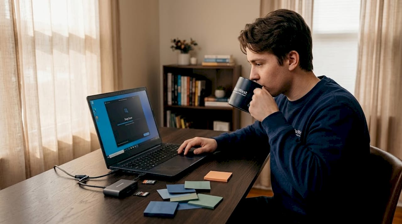 Person running data recovery on laptop at table