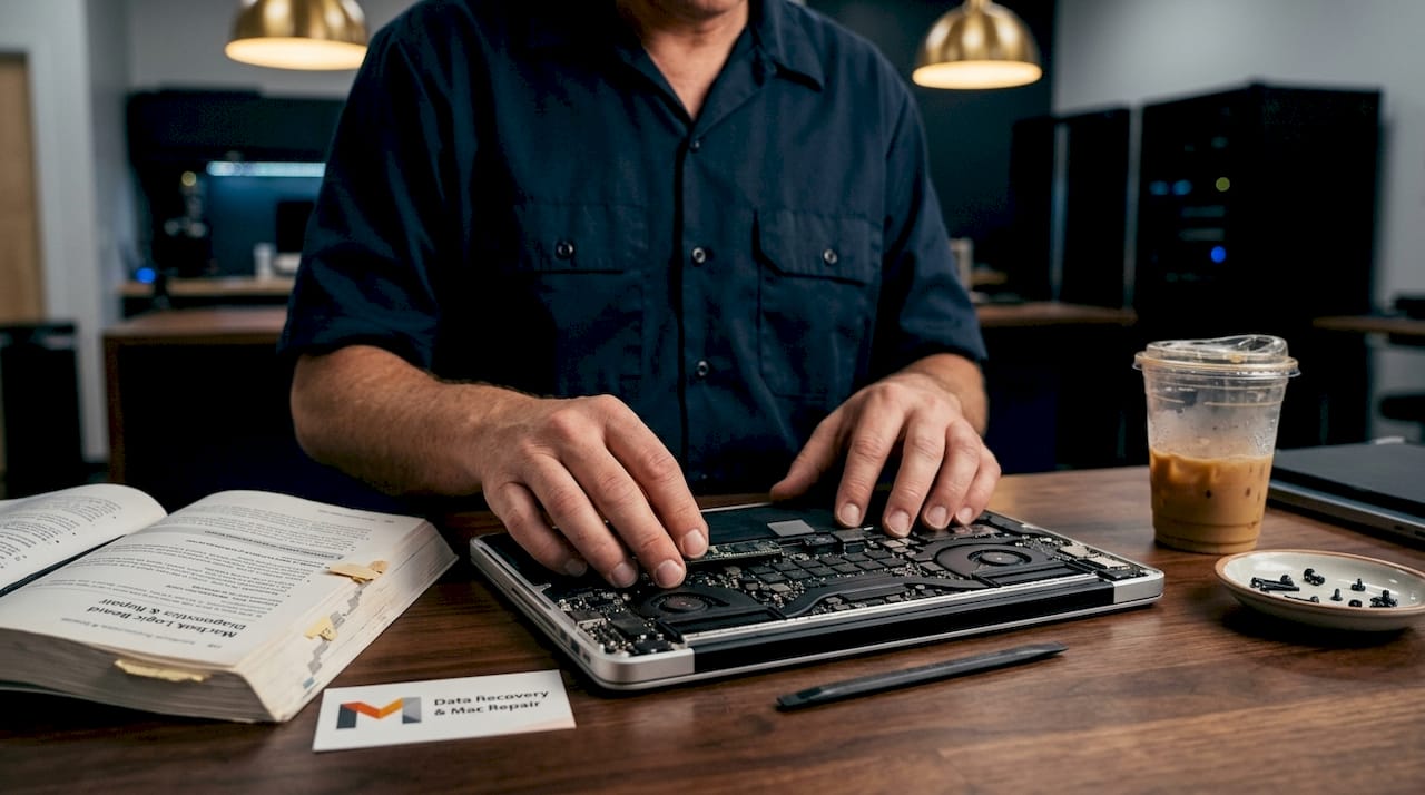Technician inspecting MacBook’s soldered SSD