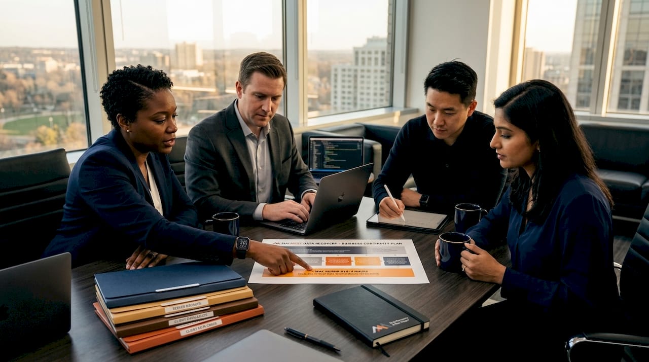 Mac Repair's Role in Business Continuity: 2026 Guide 4 Team reviewing business continuity plan with Mac repair focus