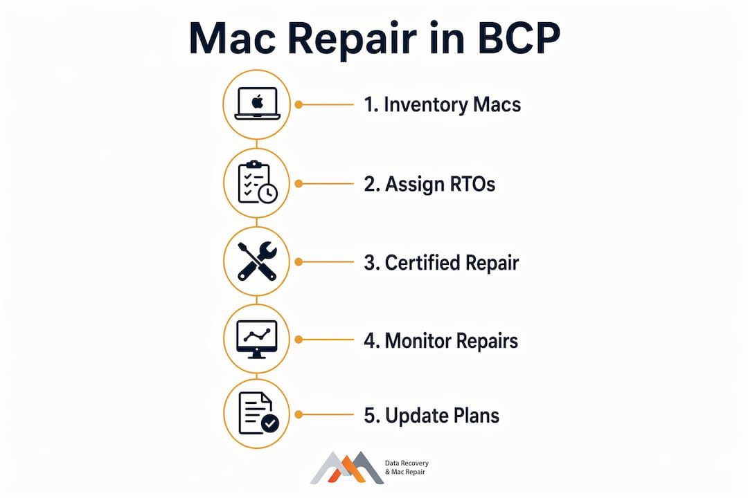 Mac Repair's Role in Business Continuity: 2026 Guide 3 Infographic illustrating five-step Mac repair business continuity process