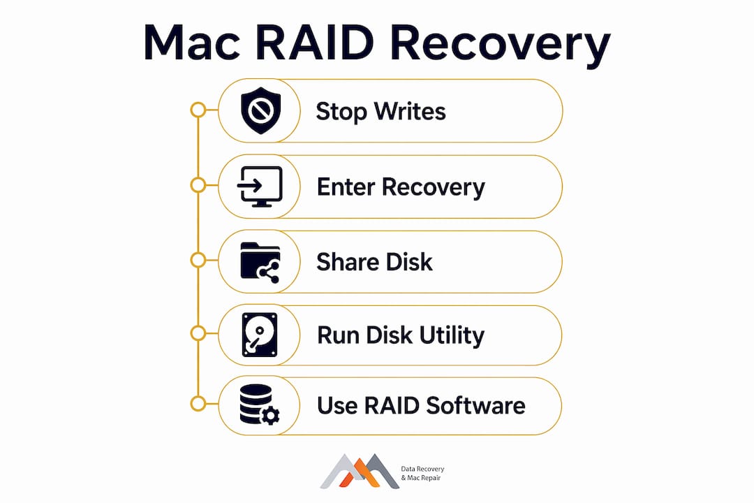 Mac RAID Recovery Tutorial: Restore Your Data on macOS 4 Infographic outlining Mac RAID recovery steps