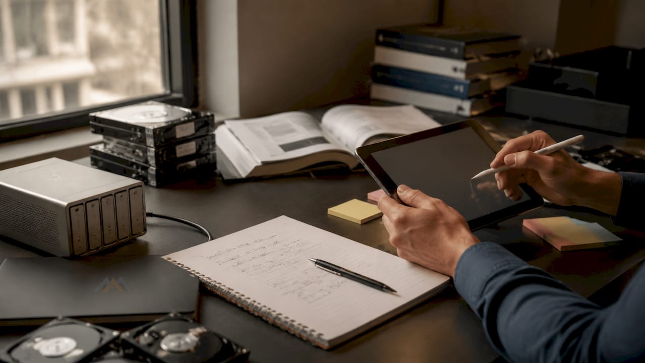 Hands working on RAID calculations at desk