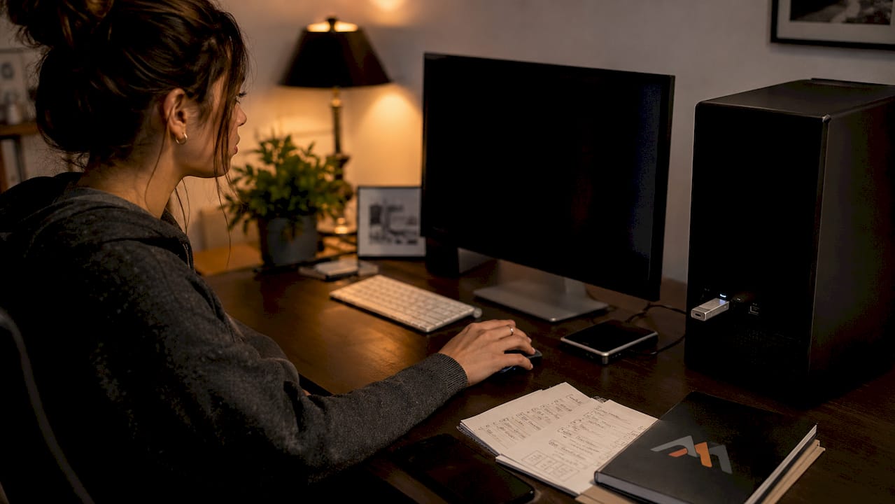 Hands using computer for USB data recovery software