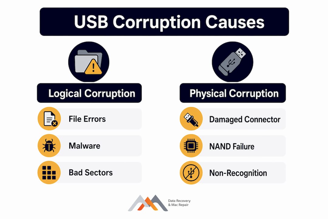 Infographic showing USB corruption causes and symptoms