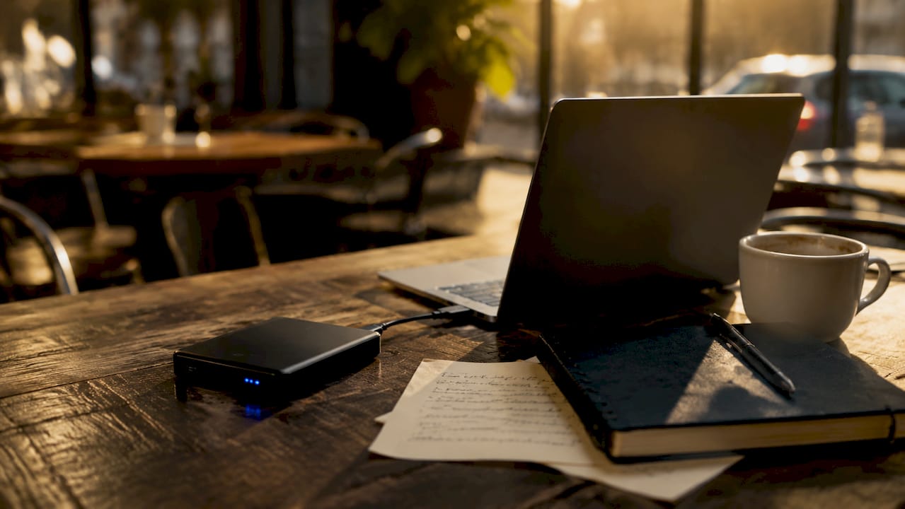 Close-up of external hard drive connected to laptop