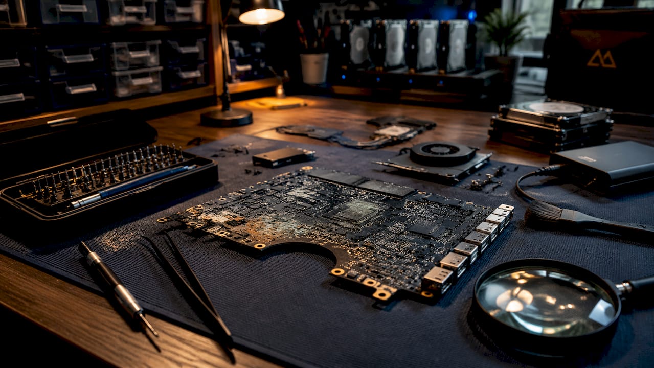Overhead view of Mac logic board repair tools and board