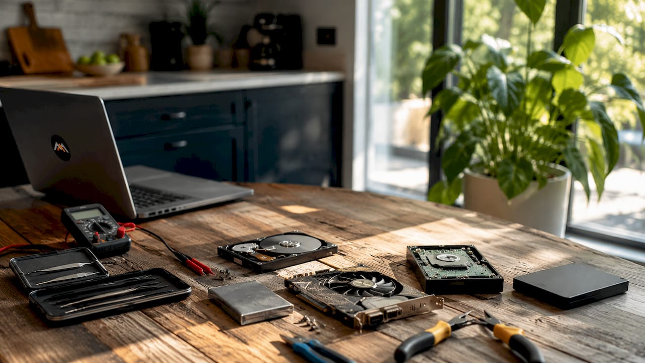 Damaged computer hardware components on desk