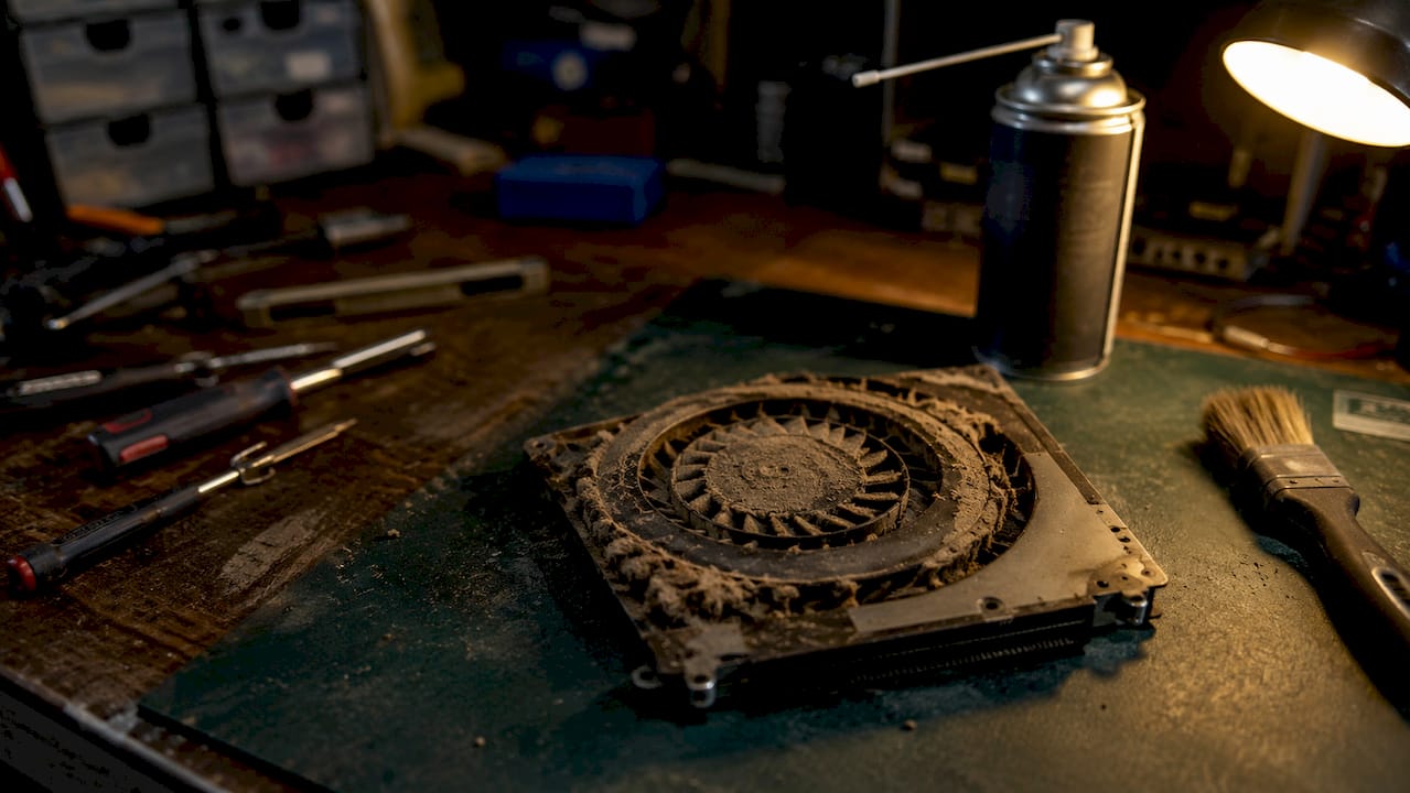 Why Do MacBooks Overheat? Causes and Fixes 3 Close-up of dust clogged MacBook cooling fan blades