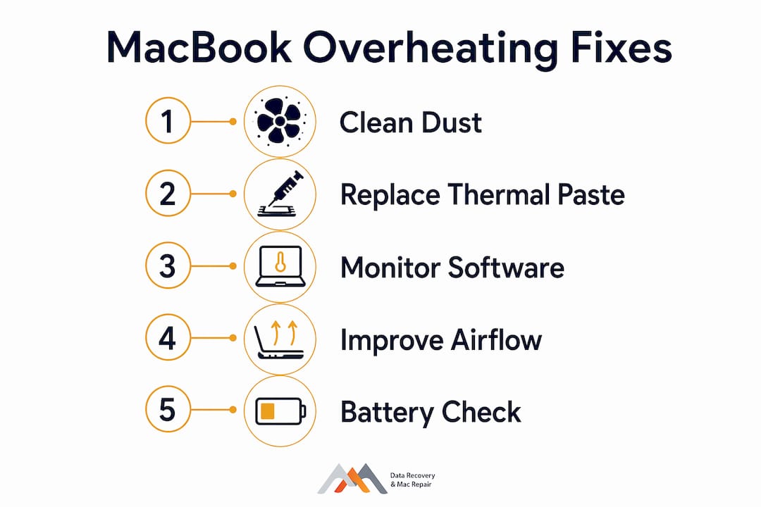 Why Do MacBooks Overheat? Causes and Fixes 4 Infographic illustrating steps to fix MacBook overheating