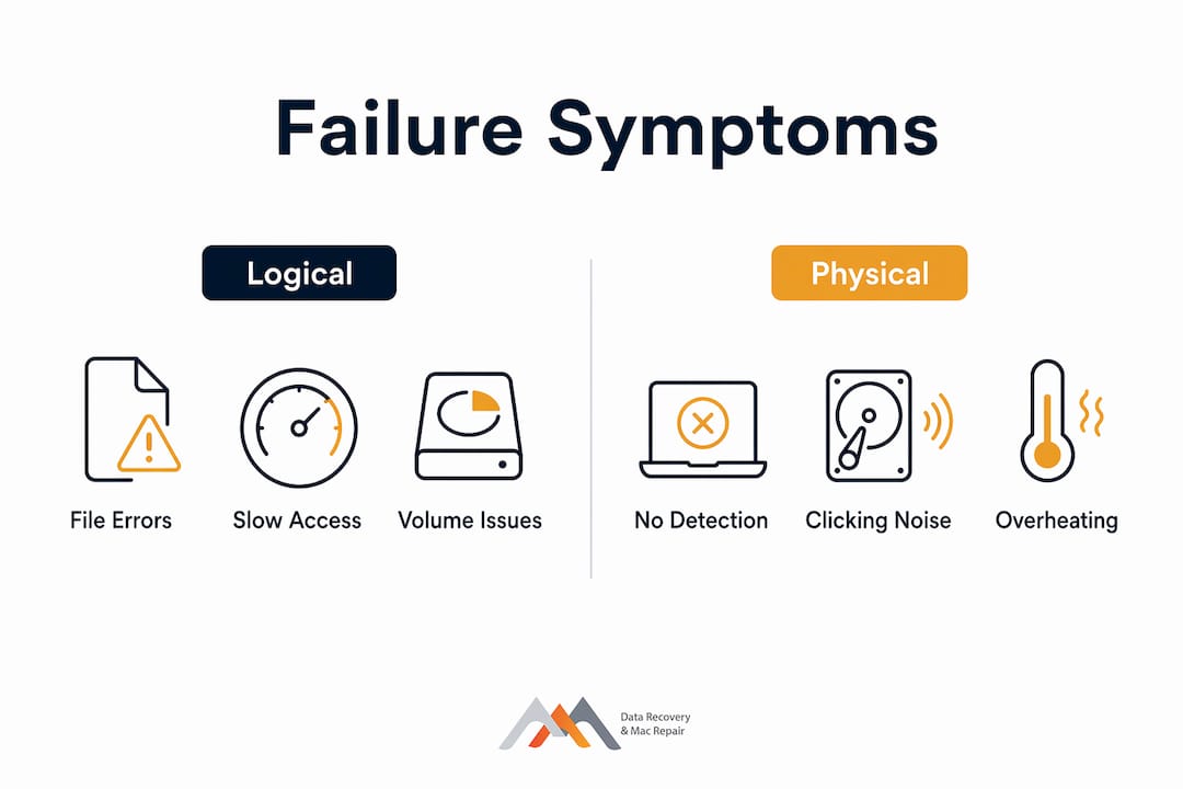 Infographic comparing logical and physical failure symptoms in LaCie drives