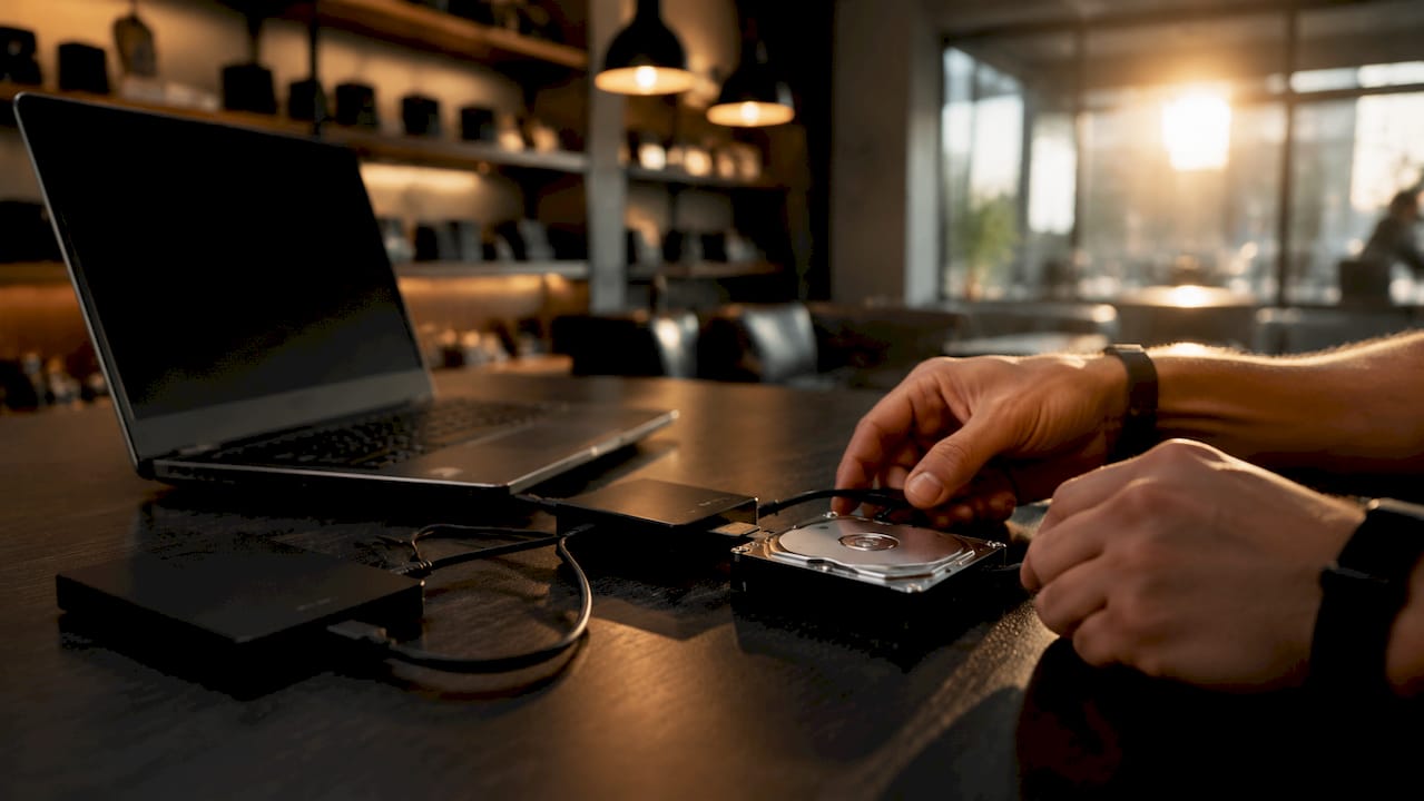 Hands connecting hard drive for cloning