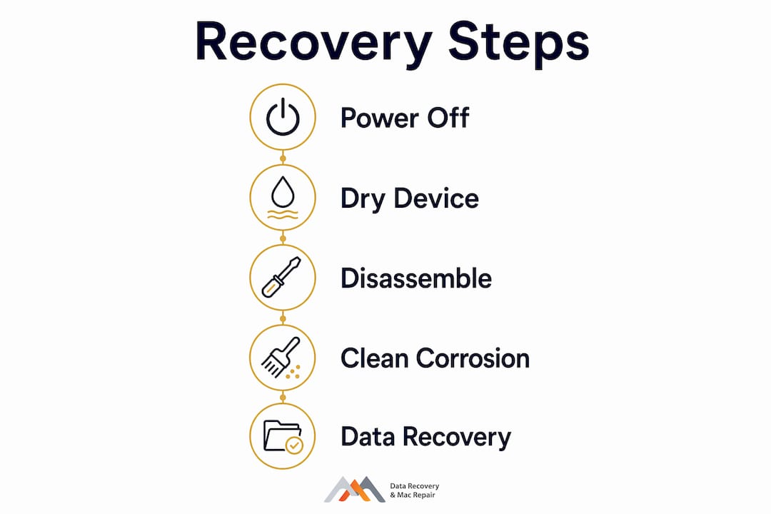 What Is Liquid Damage Recovery: A 2026 Guide 4 Infographic illustrating liquid damage recovery steps