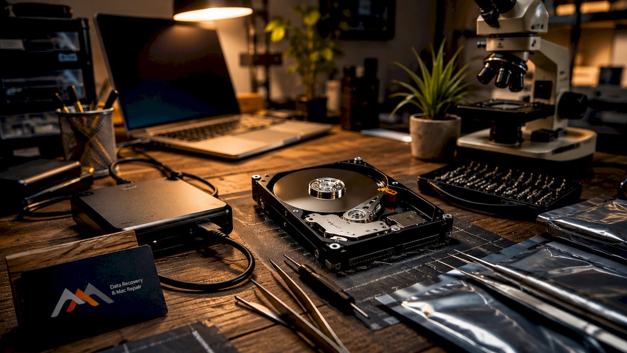 Examples of Drive Failure: Types, Symptoms, and Recovery 3 Technician repairing hard drive in cleanroom lab