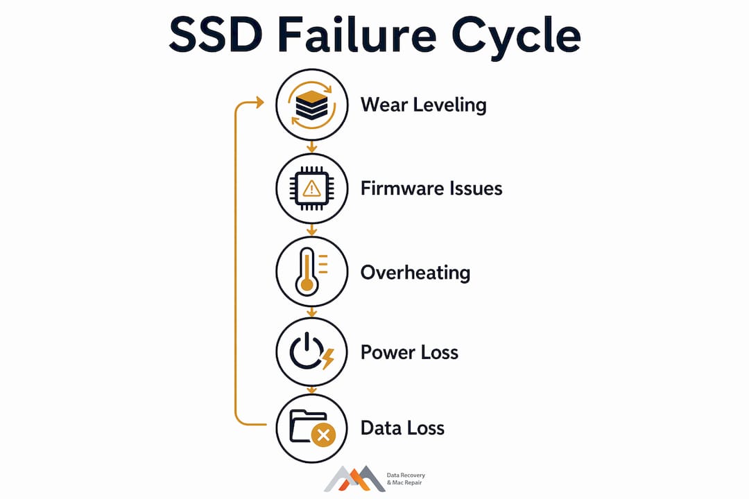 Why Do SSDs Fail? Causes, Signs, and Prevention 4 Infographic showing SSD failure causes and prevention steps