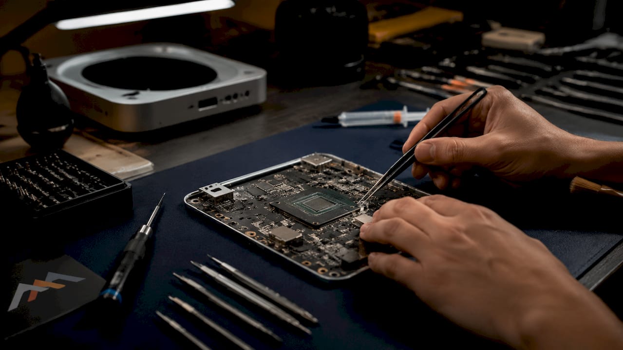Thermal Management in Macs: Why It Matters for Performance 3 Technician attaching thermal sensor to Mac Mini circuit board