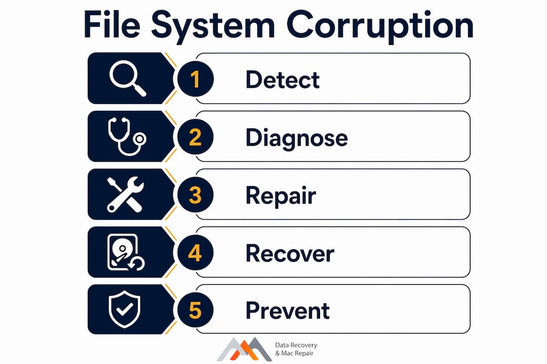 Infographic showing file system corruption process steps