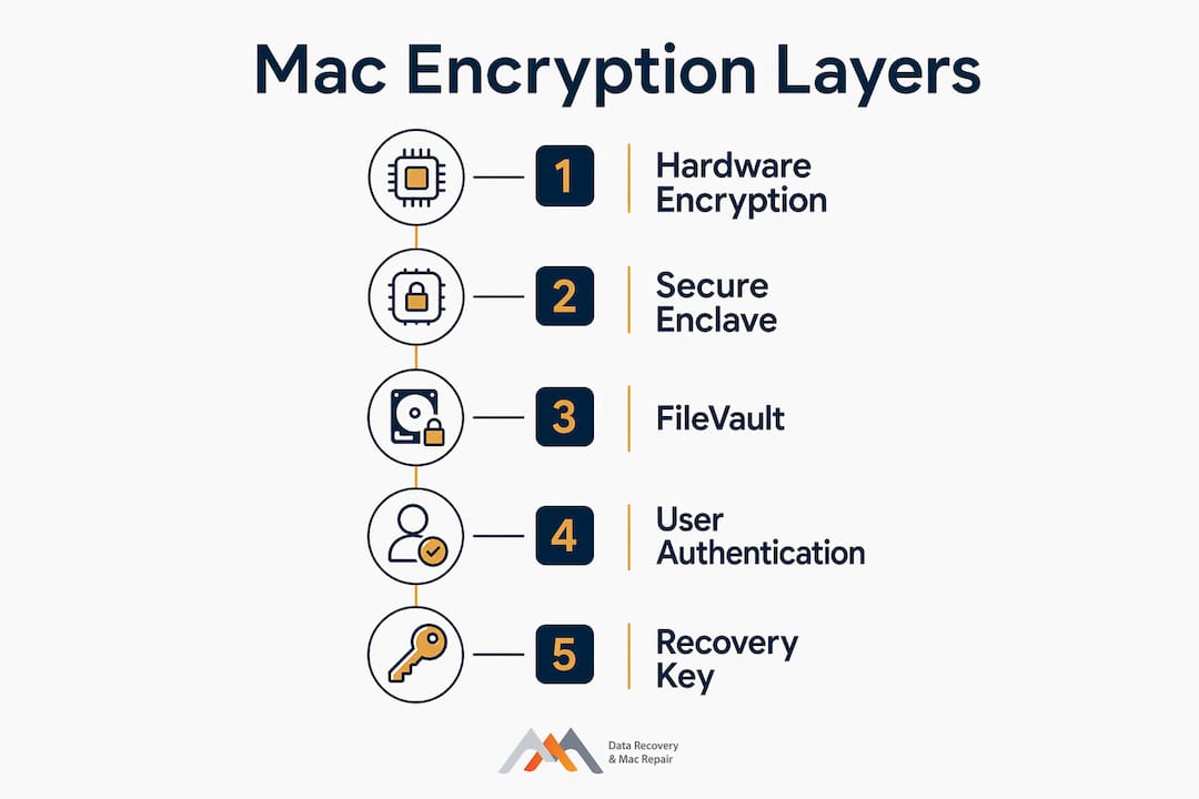Infographic illustrating Mac encryption layers and steps